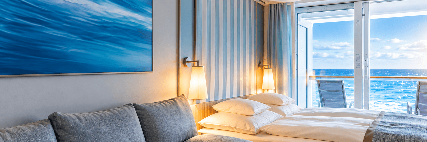 Kreuzfahrt-Kabine mit Sitzbereich, Bett und Balkon mit Meerblick